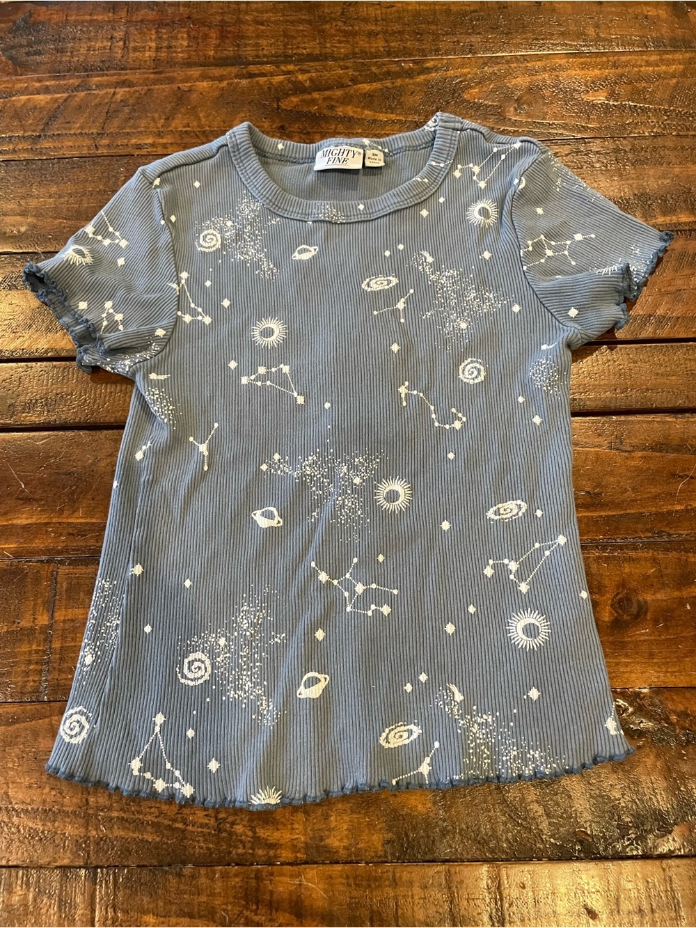 Mighty Fine Blue Ribbed Short Sleeve Tee with White Space Print
